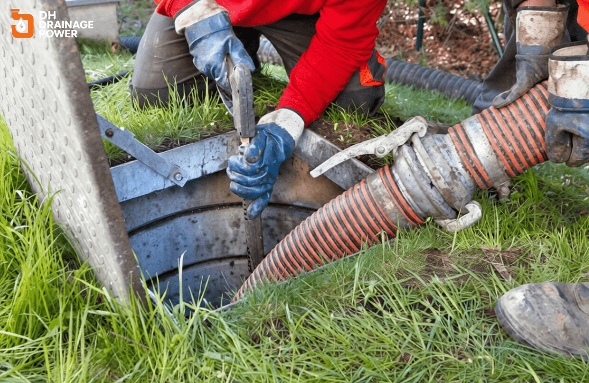 Technician performing Commercial Drain Unblocking in London with high-pressure jetting machine