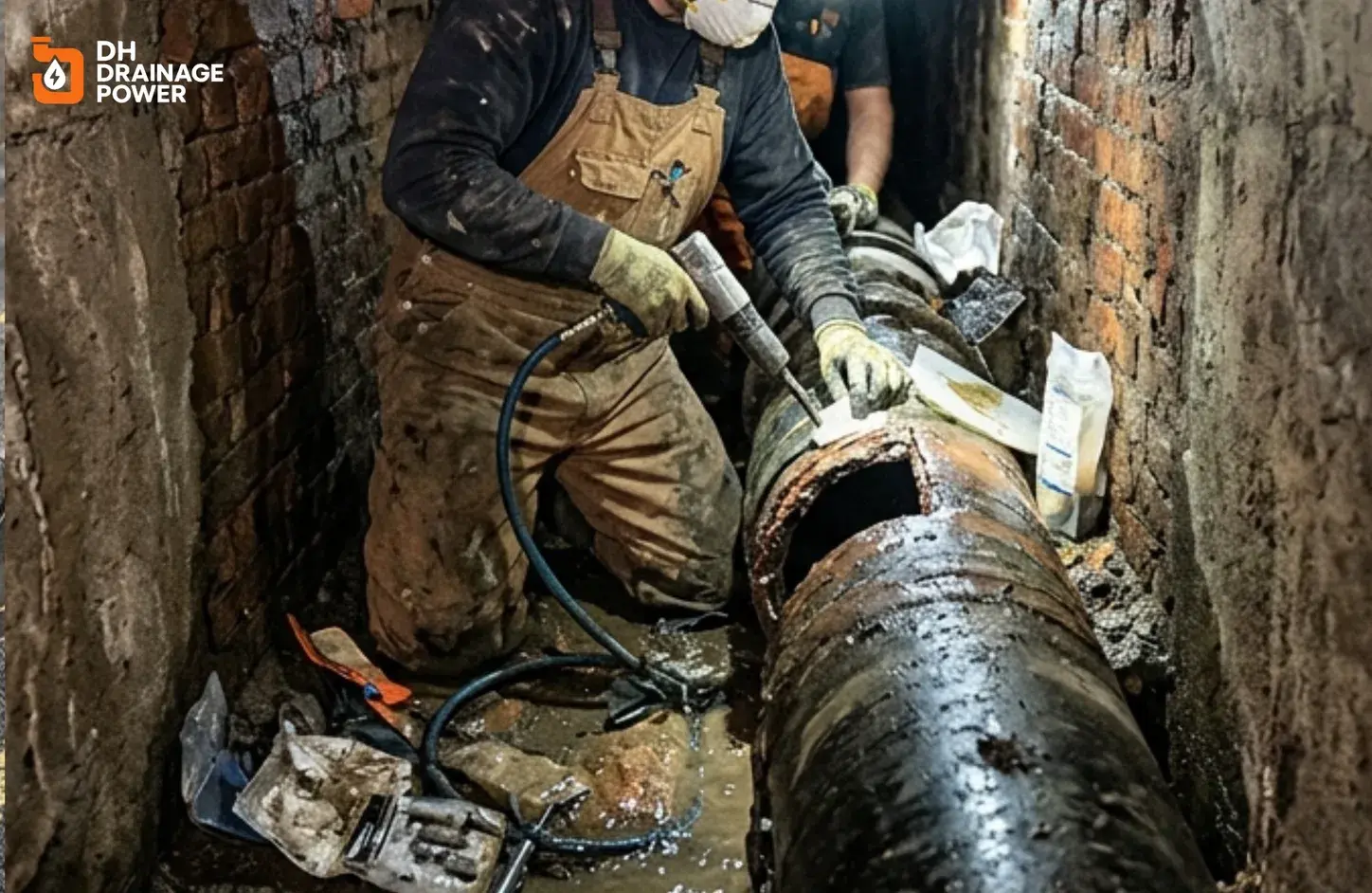 London underground drain repairs specialist inspecting a commercial drain line
