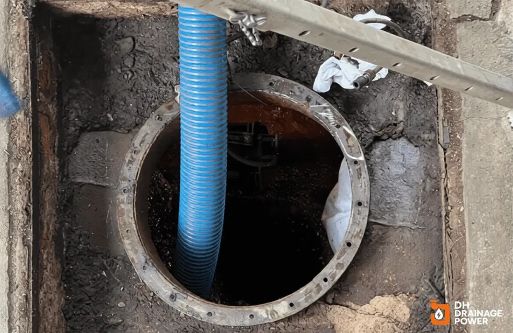 Professional drain unblocking service in London clearing a blocked drain.