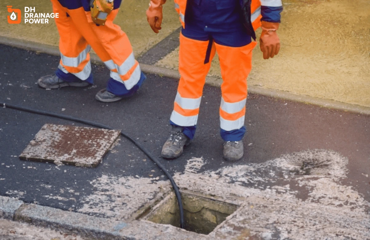 Technician performing Emergency Drain Inspection London service using CCTV camera at night
