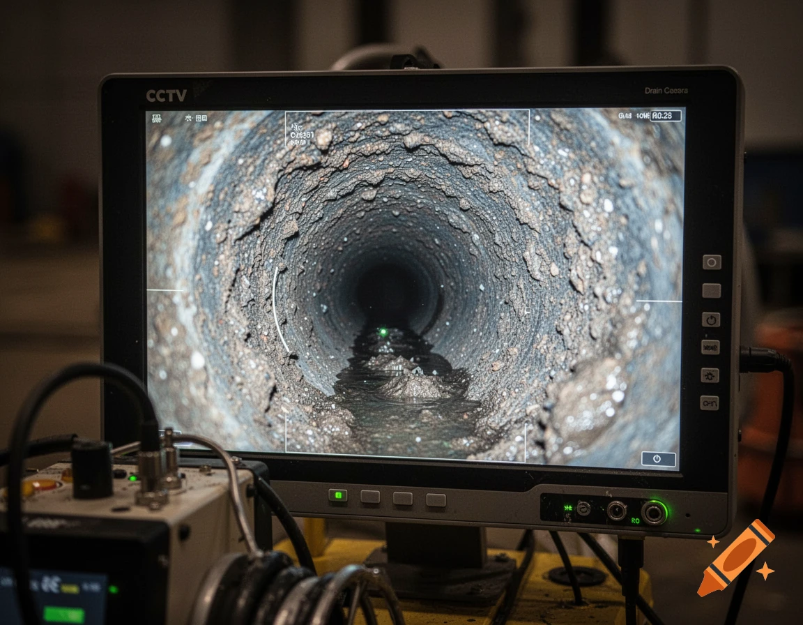 CCTV drain camera monitor displaying underground pipe interior during London drain survey inspection