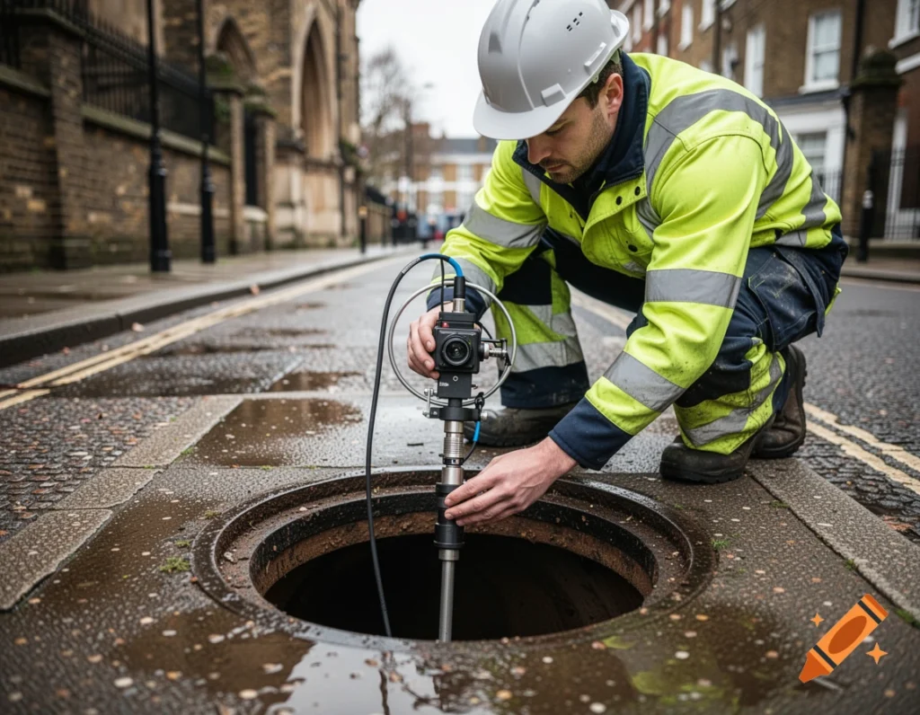 Professional drainage engineer performing CCTV drain survey inspection at manhole in London street