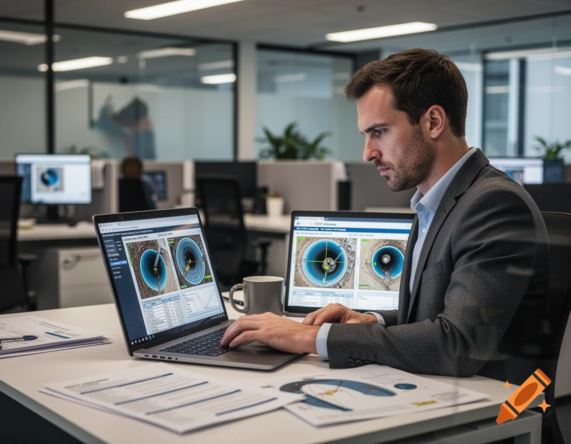 Drainage engineer reviewing CCTV drain survey report and inspection results in London