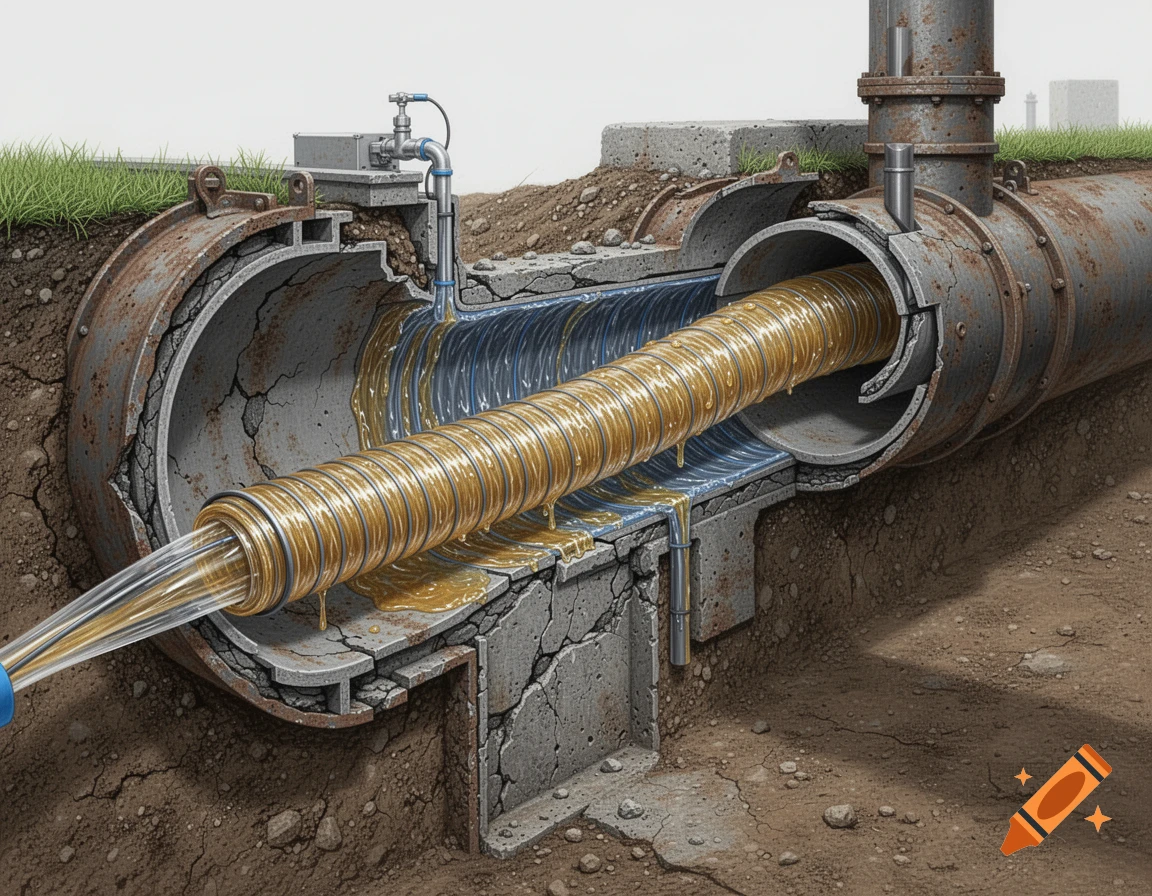 CIPP drain relining London process showing resin pipe liner inserted inside underground sewer pipe