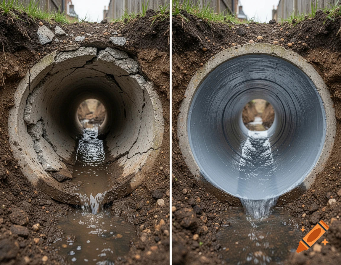 Before and after drain relining in London showing cracked pipe restored with smooth resin liner
