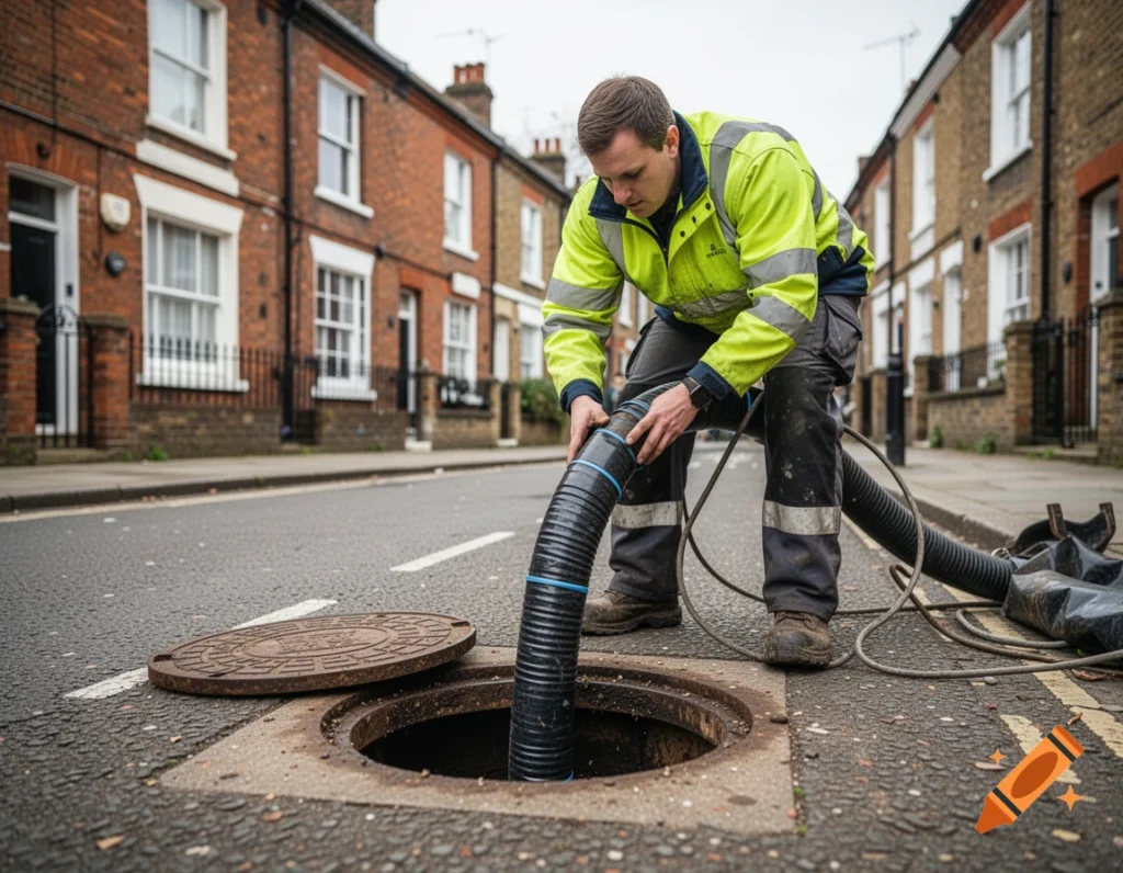 Drain relining engineer lowering flexible pipe liner into manhole outside London terraced house