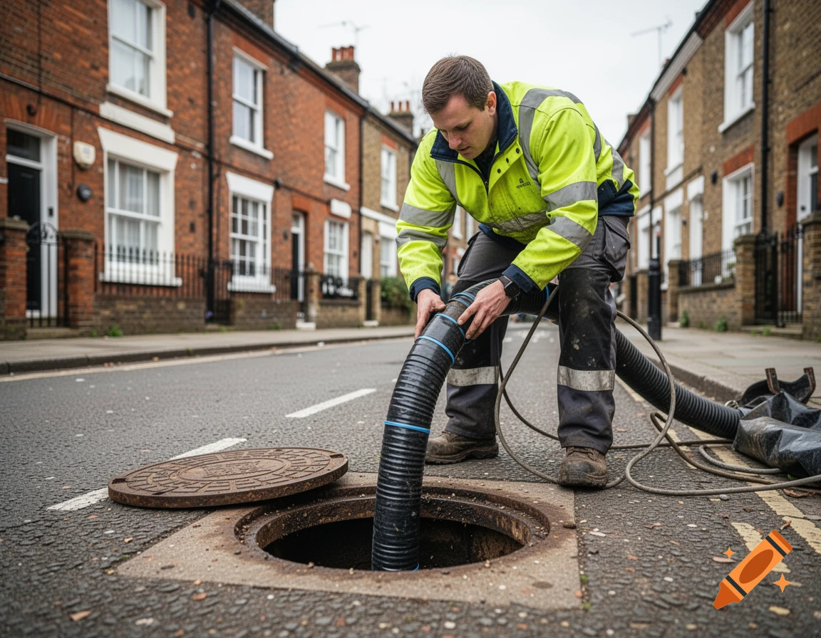 Drain relining engineer lowering flexible pipe liner into manhole outside London terraced house