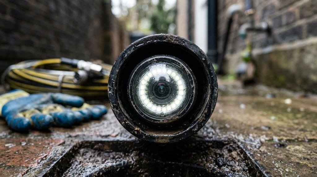 Front close-up of a circular illuminated CCTV drain survey camera lens placed above an outdoor access manhole with push-rod cabling and safety gloves in the background.