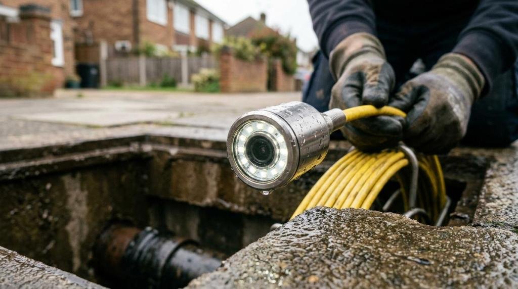A drainage technician in heavy work gloves holding a round LED CCTV camera probe attached to a yellow push-rod cable over an open access manhole.