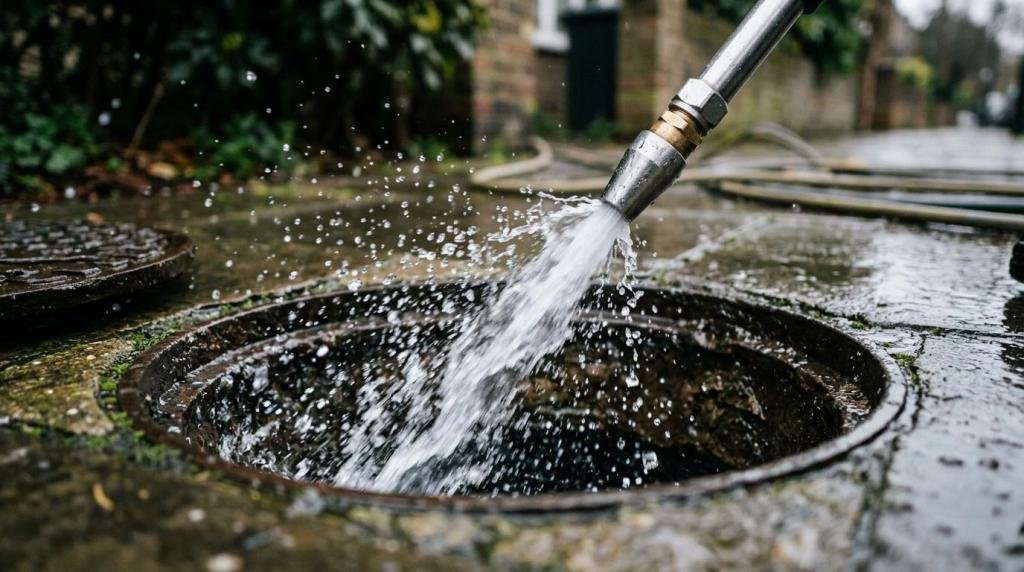 High-pressure water jet hose spraying a forceful stream directly into an open circular manhole chamber to clear a blocked drain.