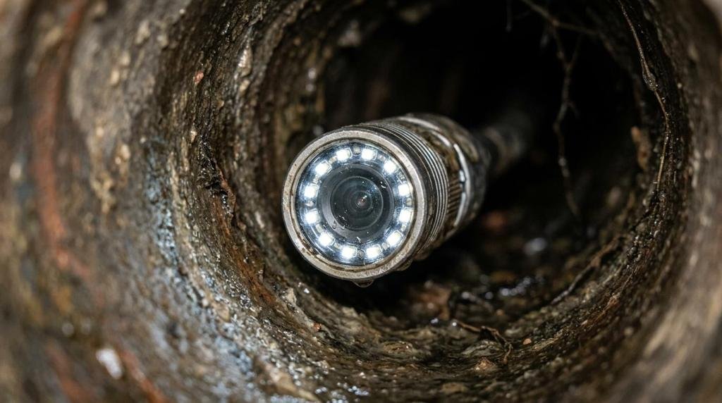 An illuminated CCTV sewer inspection camera head navigating inside a subterranean pipe channel to identify blockages and structural faults.