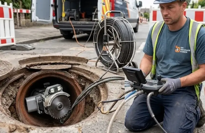 CCTV controlled drain cutting used to clear tree roots and stubborn blockages inside drain pipes.