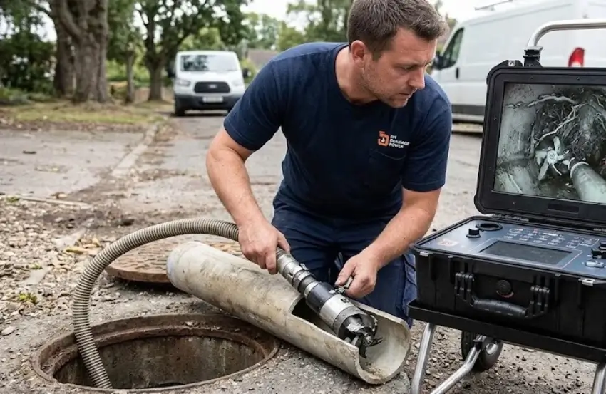 CCTV controlled drain cutting equipment used to remove obstructions inside drainage pipes.