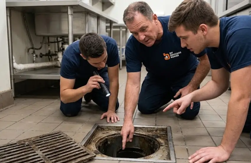 Commercial floor drain smell coming from a stainless steel floor drain in a commercial kitchen.