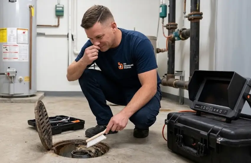 Drainage technician inspecting a commercial floor drain smell problem in a commercial building.