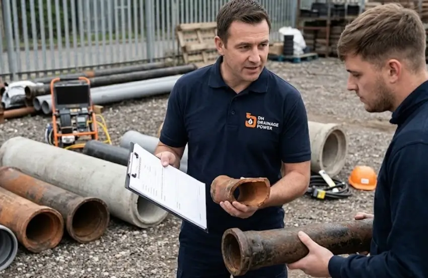Different drain pipe materials including clay, cast iron, concrete and PVC pipes used in drainage systems.