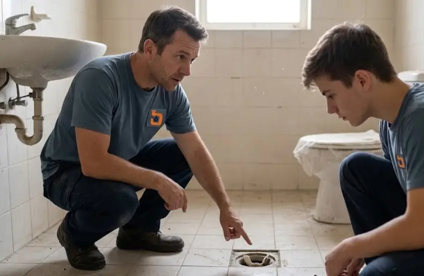 Homeowner pouring water into a shower drain to fix drain smell in unused bathroom