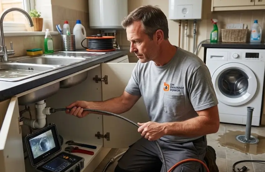 Sink backing up when washing machine drains due to a blockage in the shared wastewater drainage pipe.