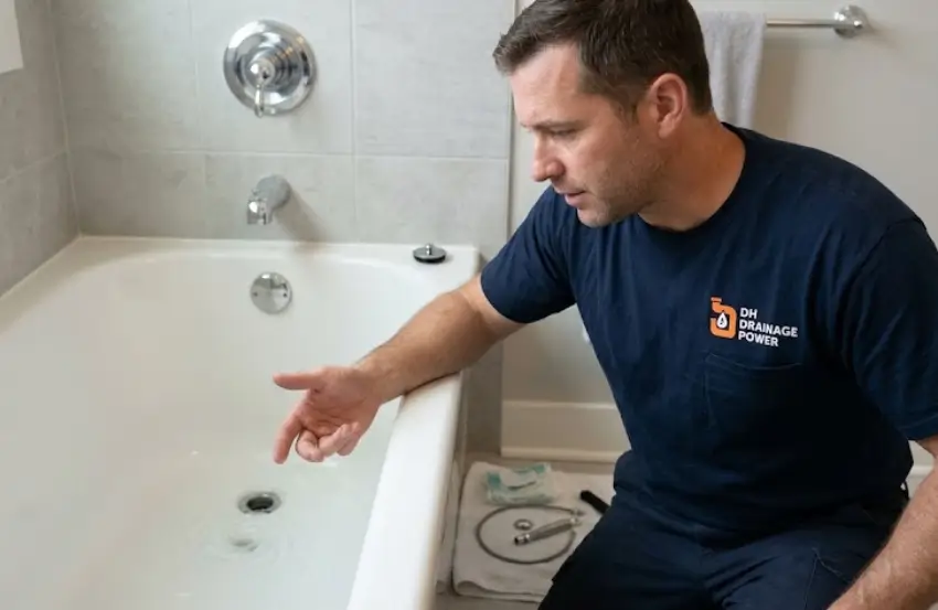 Slow draining bath with standing water around the drain after removing the plug.