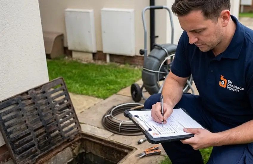 Homeowner using a drainage problem log to record recurring blocked drains, slow drainage and unusual plumbing noises.
