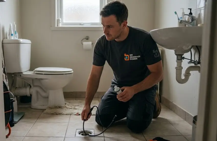 Professional plumber inspecting drainage pipes to identify the cause of sewage smell in bathroom.