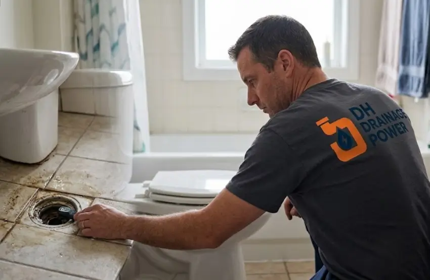 Sewage smell in bathroom caused by a blocked or dirty shower drain.