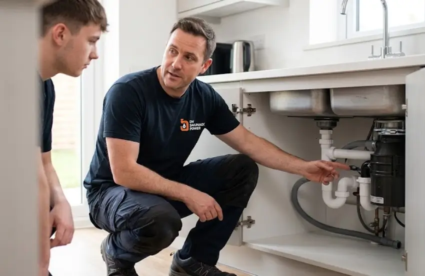 Plumber inspecting kitchen sink waste pipes to identify why the sink is backing up when dishwasher drains.