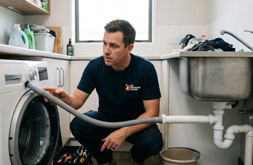 Drainage specialist inspecting a blocked waste pipe to fix a sink backing up when washing machine drains.