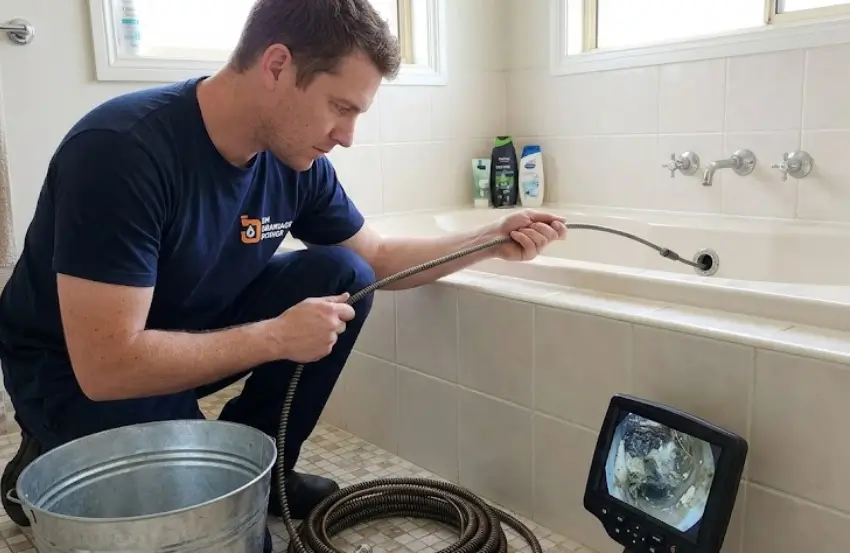Drainage technician clearing hair and debris from a slow draining bath waste pipe.