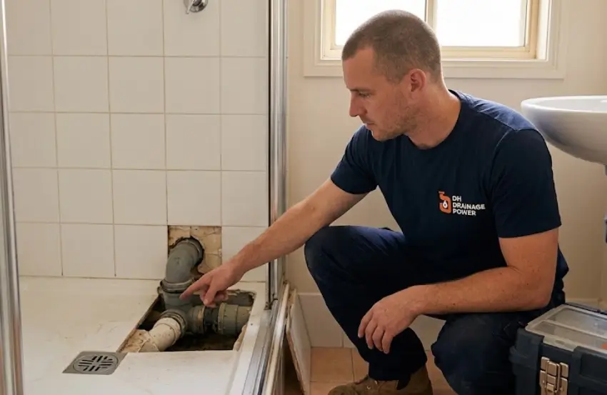 Slow draining shower with water pooling around the drain while other bathroom fixtures work normally.