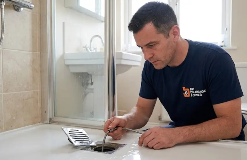 Plumber removing hair and soap build-up from a slow draining shower to restore proper water flow.