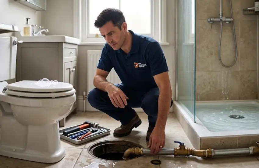 Drainage engineer inspecting a shared waste pipe to investigate toilet gurgling and shower backing up.